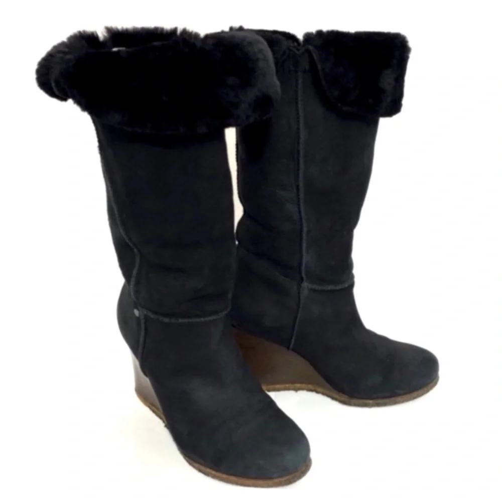 Ugg Suede Sheepskin Knee High Wedge Boot In Black